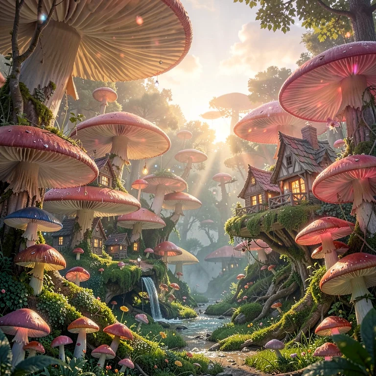 An Enchanted Village Built Among Giant Mushrooms, Alla Prima...