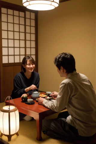A Woman Sits At A Small Ryokan Dining Table Across From A Ma... — Stable Diffusion AI Prompt: A woman sits at a small ryokan dining table across from a man she just met, both...
