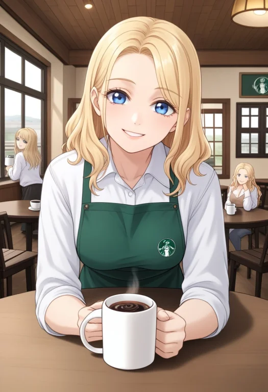 Coffee Shop, Coffee Table Date, Anime, Blonde Girl, Blue Eye...