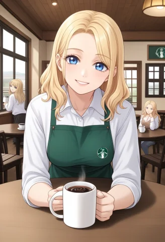 Coffee Shop, Coffee Table Date, Anime, Blonde Girl, Blue Eye... — Stable Diffusion AI Prompt: Coffee shop, coffee table date, anime, blonde girl, blue eyes, leaning forward,...