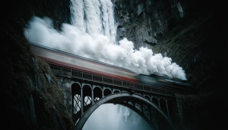 Create A Panoramic View Of A Majestic Castiron Railway Bow B...