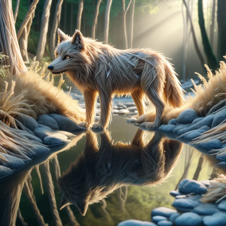 A Wolf Made Of Straw Thread, Drinking, Crystal-clear Water,...