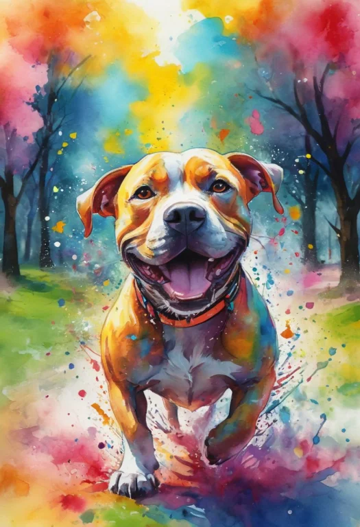 Bleeding Watercolor, Cartoon Style Illustration Of A Pitbull...
