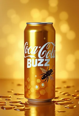 A Gold Soda Can Of Coca-cola Buzz In White Text With Bee And... — FLUX AI Prompt: a gold soda can of Coca-Cola Buzz in white text with bee and honey in a gold bac...