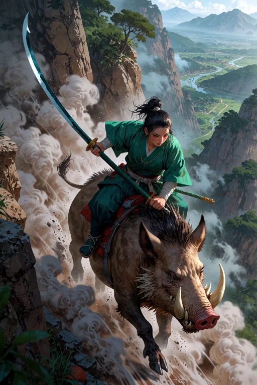 , Samurai Riding A Wild Boar Down A Narrow Mountain Pass Dus...