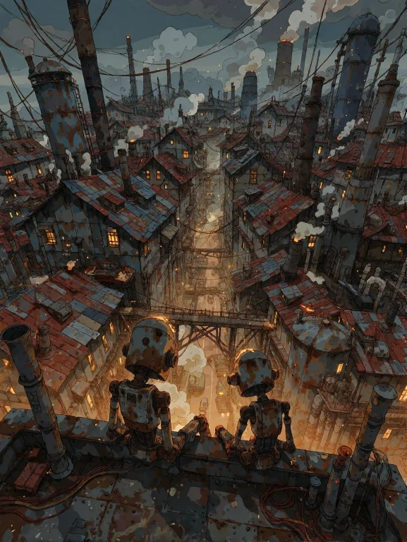 Two Small Rusty Robots Sitting Side By Side On The Edge Of A...