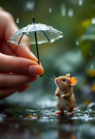 Female Hand Holding A Small Umbrella, Miniature Wet Tiny Mou... — FLUX AI Prompt: female hand holding a small umbrella, miniature wet tiny mouse standing on the p...