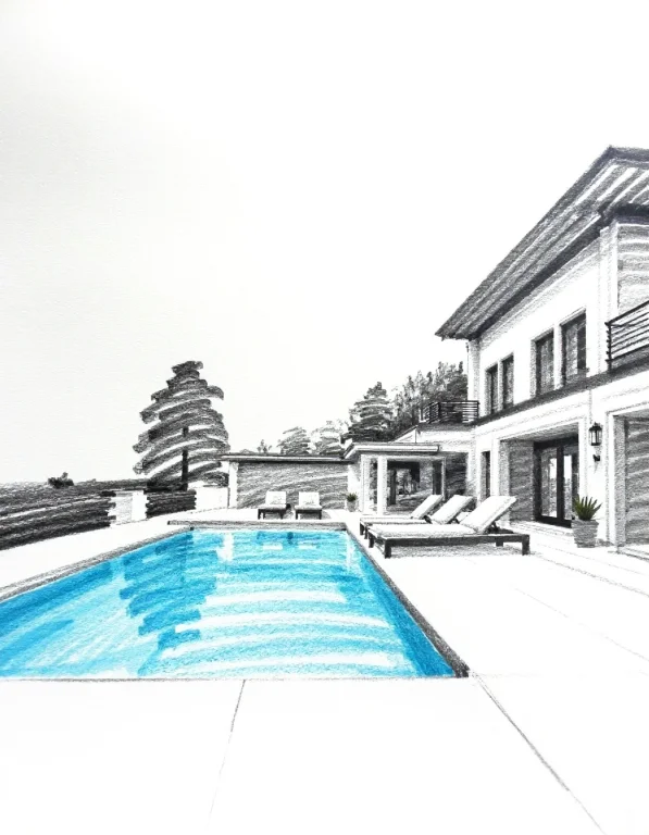 A Modern Villa With Swimming Pool Drawn In Bold 6b Pencil St...