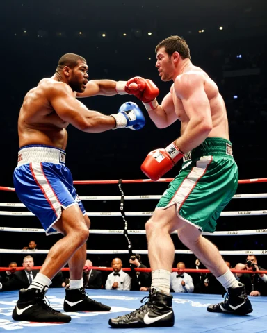 A Close Portrait Of A Pair Of Heavyweight Boxers Toe-to-toe... — SDXL AI Prompt: a close portrait of a pair of heavyweight boxers toe-to-toe in a boxing ring, la...