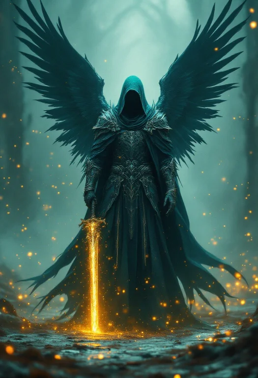 A Captivating Digital Shot Of A Hooded, Winged Figure, Cloak...