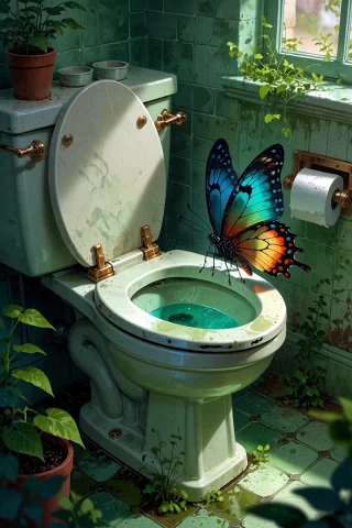 , A Butterfly Resting On The Rim Of A Porcelain Toilet In An... — Stable Diffusion AI Prompt: , A butterfly resting on the rim of a porcelain toilet in an overgrown victorian...
