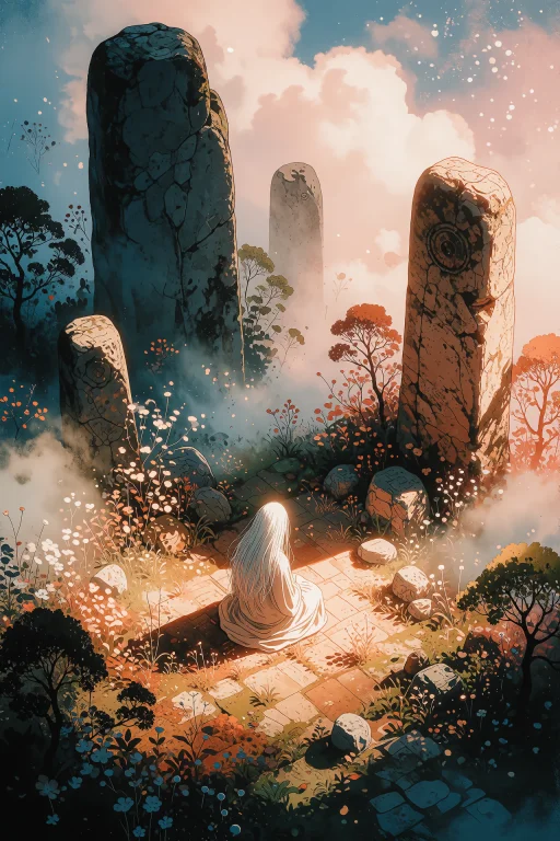 A Serene Figure Kneels In A Misty Clearing, Their Long White...