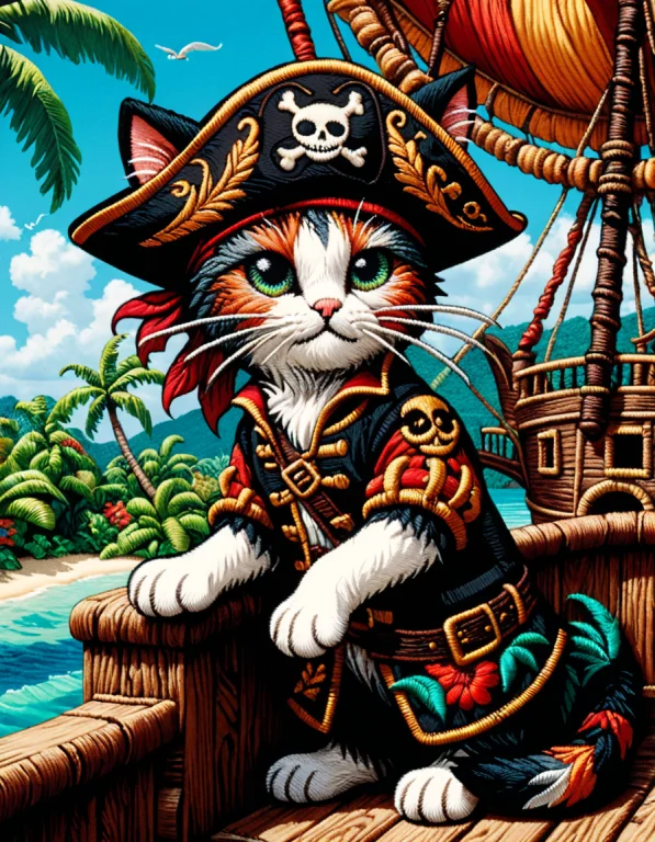 A Pirate Cat Wearing A Pirate Hat On A Pirate Ship In A Trop...
