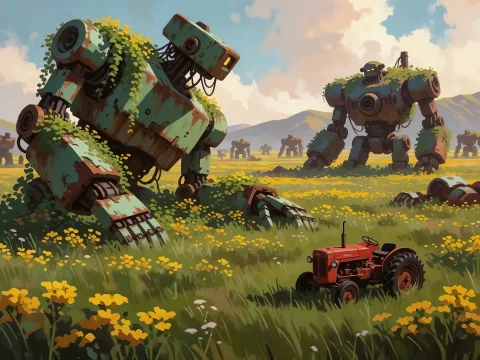 Rusty Robots Illustration - Cifzy — Stable Diffusion AI Prompt: rusty overgrown robots in flower field with small red tractor landscape illustra...