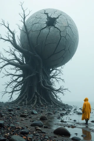 A Surreal Digital Artwork Of A Foggy Beach With A Massive, C... — FLUX AI Prompt: A surreal digital artwork of a foggy beach with a massive, cracked sphere disint...