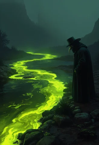Zavy-psnglw. A Haunting, Photorealistic Image Reveals A Murk... — FLUX AI Prompt: zavy-psnglw. A haunting, photorealistic image reveals a murky, poisonous river w...