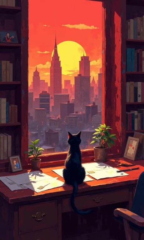 A Digital Painting Of A Cityscape At Sunset, Viewed From An...