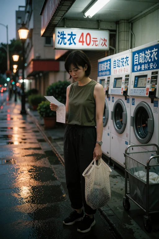 A Taiwanese Woman With Short Dark Hair Stands On A Wet Urban...