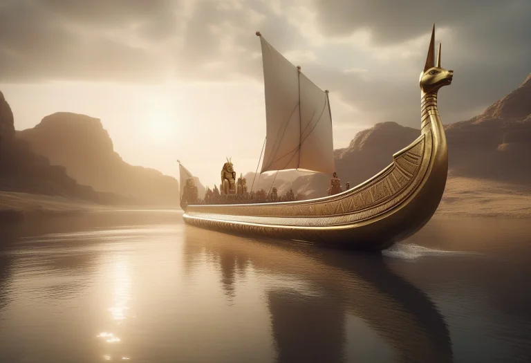 High Quality, Detailed, A Pharaohs Barge Gliding Down A Wide...