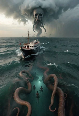 One Scene. A Large Victorian Whalingboat Desperately Navigat... — Stable Diffusion AI Prompt: one scene. a large victorian whalingboat desperately navigates a miraculously na...