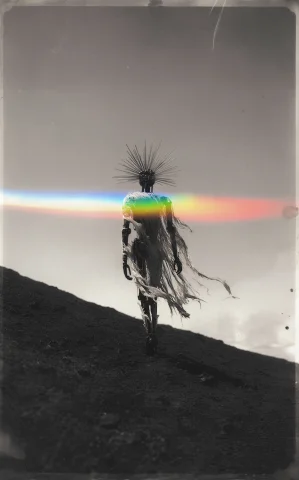 Aged Film Photograph Aesthetic Of A Solitary Android Figure... — Stable Diffusion AI Prompt: Aged film photograph aesthetic of a solitary android figure traversing a desolat...