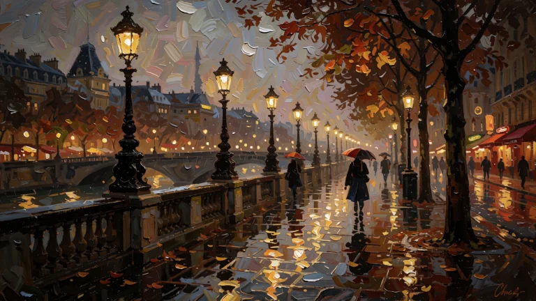A Rainy Evening In Paris, Glowing Street Lamps, Deep Paint B...