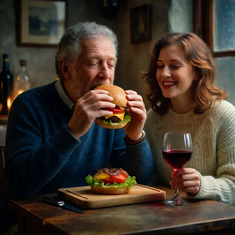Uncle Joe Couple Photo Prompt — Stable Diffusion AI Prompt: Uncle Joe eating a hamburger inside a warm, cozy cottage, while sitting at a sma...