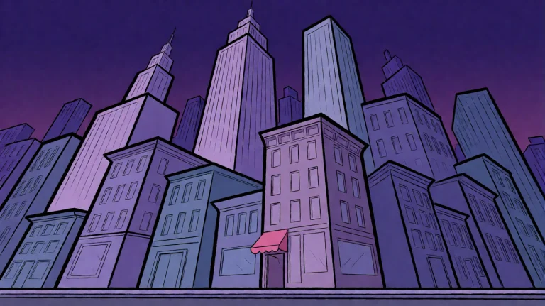 Fnts2000, A Stylized, Angular Cityscape Composed Of Towering...