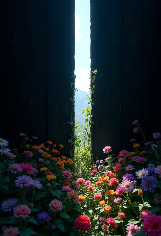 Peeking Through A Tiny Gap In A Flat Mysterious Black Wall,...