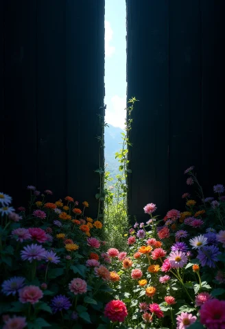 Peeking Through A Tiny Gap In A Flat Mysterious Black Wall,... — Stable Diffusion AI Prompt: peeking through a tiny gap in a flat mysterious black wall, a bright wonderous f...
