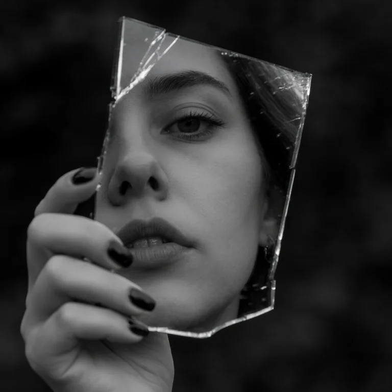 Reflection Of Woman Face, Close-up From Lips To Eyes, In A A...