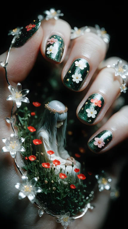 Human Hand With Fingernails Painted With Flowers, Holding A...