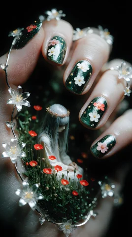 Human Hand With Fingernails Painted With Flowers, Holding A... — Stable Diffusion AI Prompt: Human hand with fingernails painted with flowers, holding a rift in reality, wit...