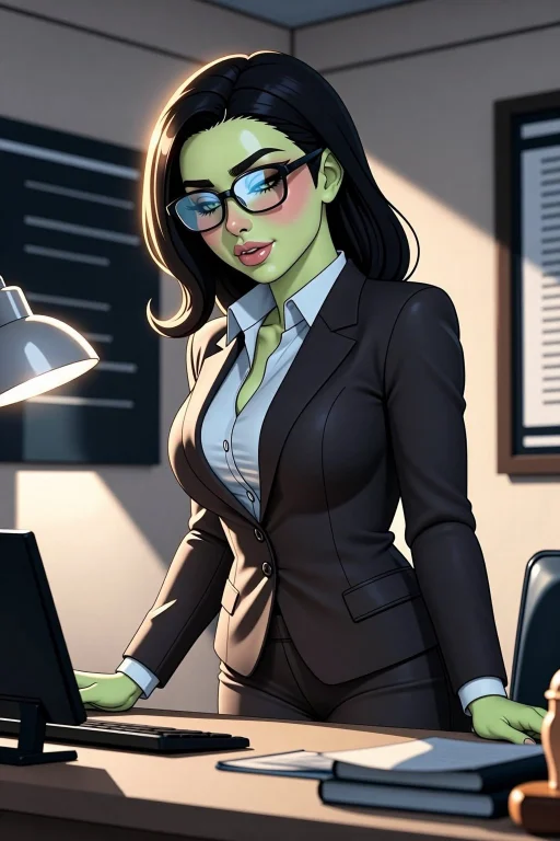 She-hulk In A Law Office At Night, Glasses On, Green Skin Gl...