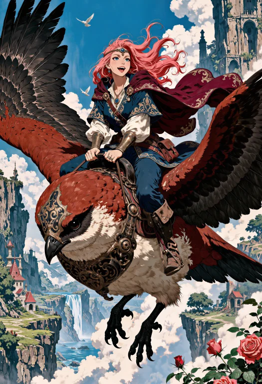 Anime-style Fantasy Illustration, Wide Aerial Composition. A...