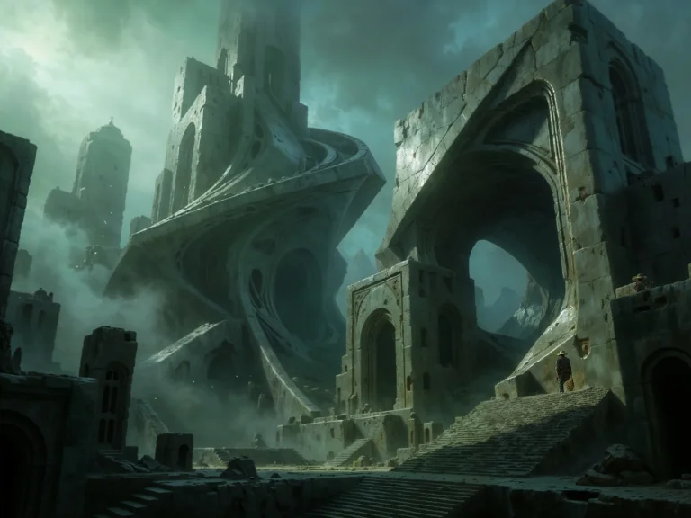 Ancient Alien Ruins With Spiral Towers Foggy Atmosphere Lone...
