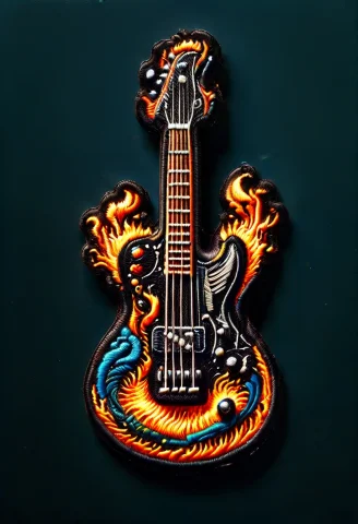 Ral-embroideredpatch, Bass Guitar Madefrom Fire On A Museum... — SDXL AI Prompt: ral-embroideredpatch, Bass Guitar made_from fire on a museum display single spot...