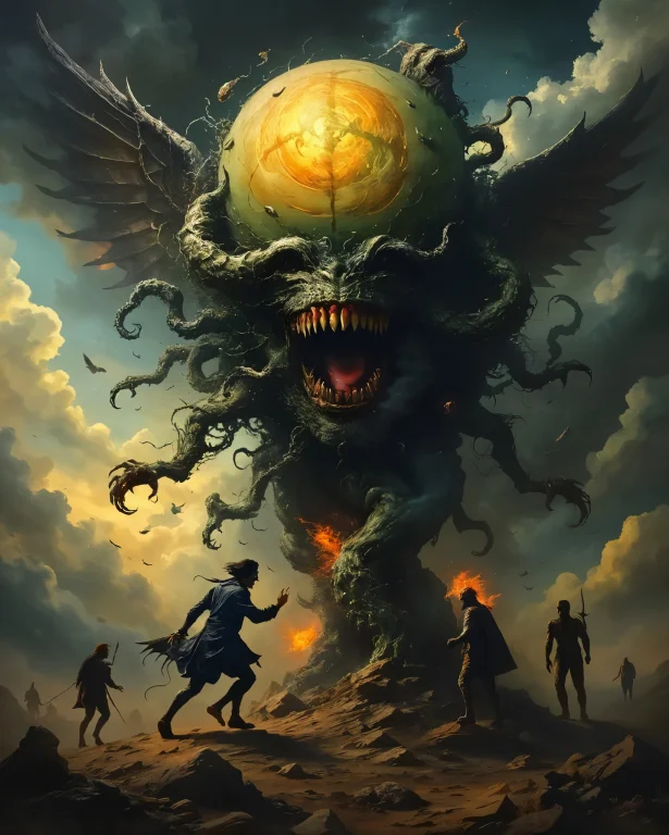 A Colossal, Monstrous Figure With A Bushy, Tentacled Body To...