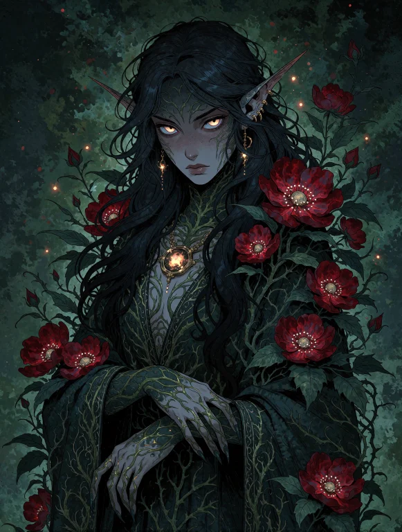 Gr4venbloom, Illustration Portrait, A Brooding Sorceress Wit...