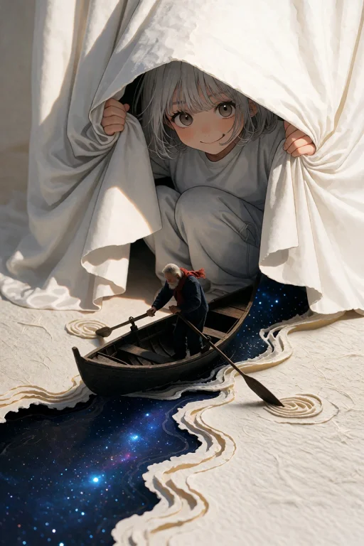 The Girls Hands Lift The White Fabric, Which Seamlessly Beco...