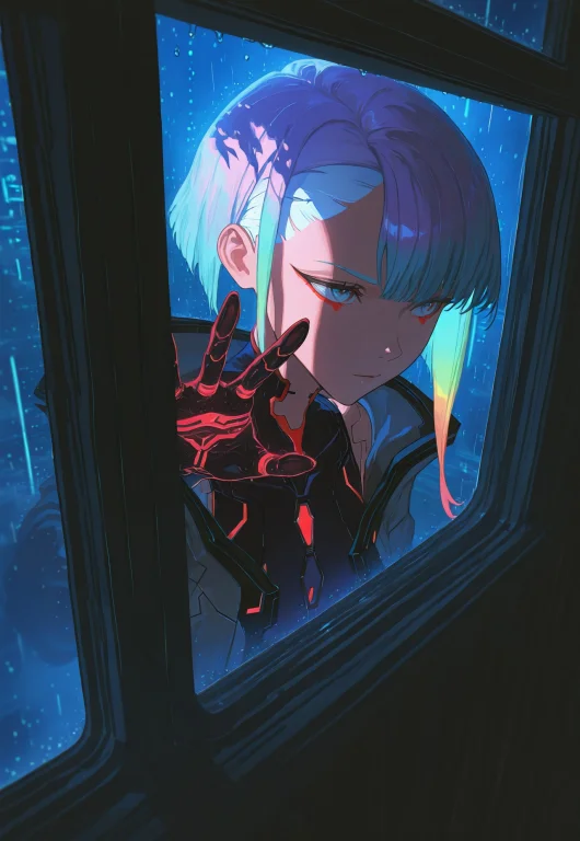 Gl9w, 1girl, Lucy Cyberpunk, Window, Raining, Rain On Window...