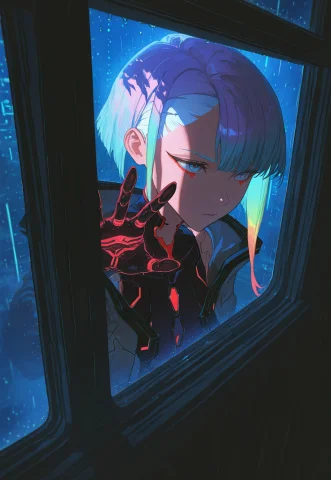 Gl9w, 1girl, Lucy Cyberpunk, Window, Raining, Rain On Window... — Stable Diffusion AI Prompt: Gl9w, 1girl, lucy \(cyberpunk\), window, raining, rain on window, night, neon li...