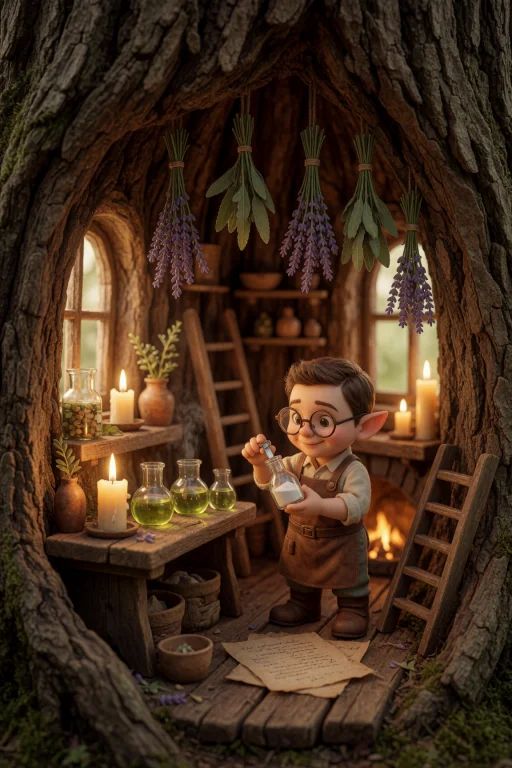 A Cozy Fantasy Interior Of A Gnome Herbalists Shop Inside A...