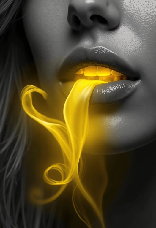A Close-up Photograph Of A Womans Lips In Monochrome, Except...