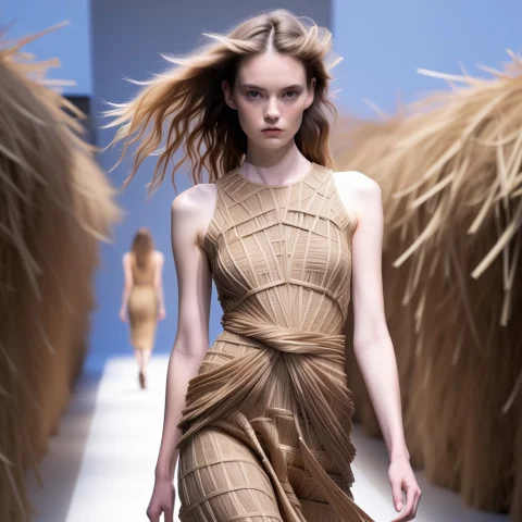 Dried Straw Runway Dress — SDXL AI Prompt: a runway model in a straw dress with Interlaced patterns that show how the mater...
