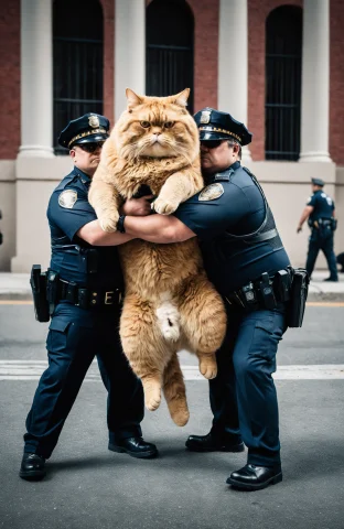 Two Laggard Cops Arresting Ridiculously Chubby Enormous Cat,... — SDXL AI Prompt: two laggard cops arresting ridiculously chubby enormous cat, 8k, RAW photo, best...