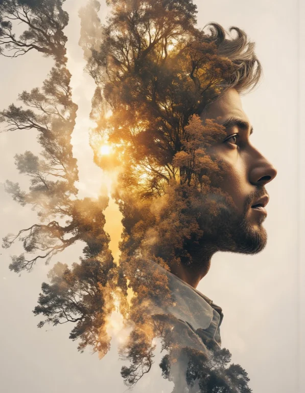 Symbolist Double Exposure Artwork Thoughtful Figure Portrait...