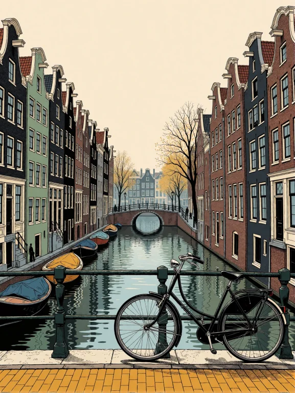 An Architectural Line Art Illustration Of An Amsterdam Canal...