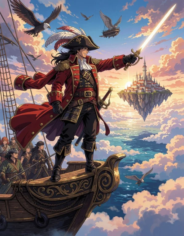 Anime Fantasy Sky Pirate Standing At The Bow Of A Flying Shi...