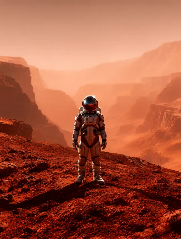 Wide-angle Shot Of A Lone Astronaut Standing On The Rugged R...